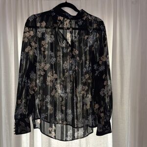 H&M Black Sheer Floral Blouse with Mandarin Collar